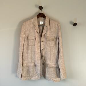 EUC 100% LINEN WOMEN’S TAN BLAZER W/ HIDDEN BUTTON UP CLOSURE *See measurements